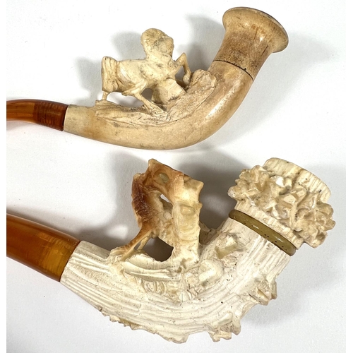 41 - 4 cased Meerschaum and amber pipes depicting a stag on a cliff; a reclining horse (head chipped), re... 