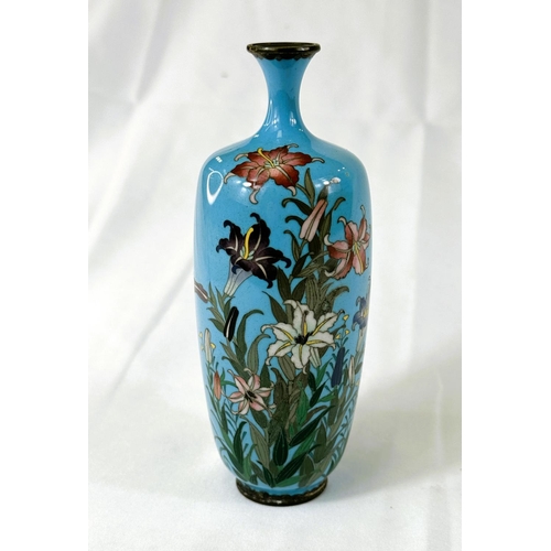 414 - A Japanese Meiji period Cloisonne vase with white metal wire decoration of flowers. Height 14cm (som... 