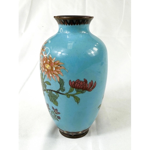 415 - A Japanese Meiji period Cloisonne vase blue ground with bird on flowering branch (some crazing) heig... 