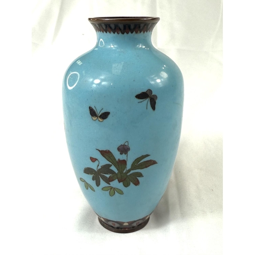 415 - A Japanese Meiji period Cloisonne vase blue ground with bird on flowering branch (some crazing) heig... 