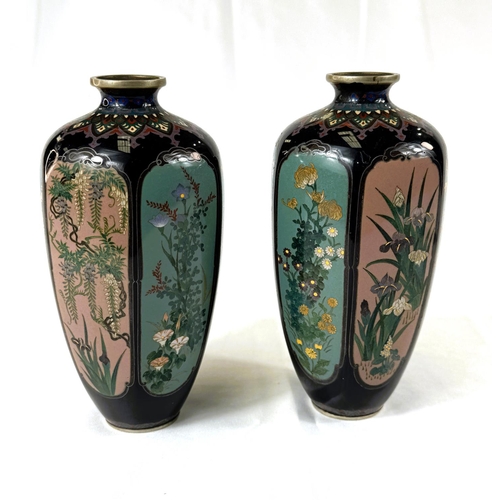 417 - A pair of Japanese Meiji period Cloisonne hexagonal vases with each panel with different floral... 