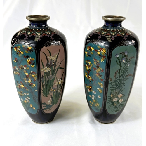 417 - A pair of Japanese Meiji period Cloisonne hexagonal vases with each panel with different floral... 