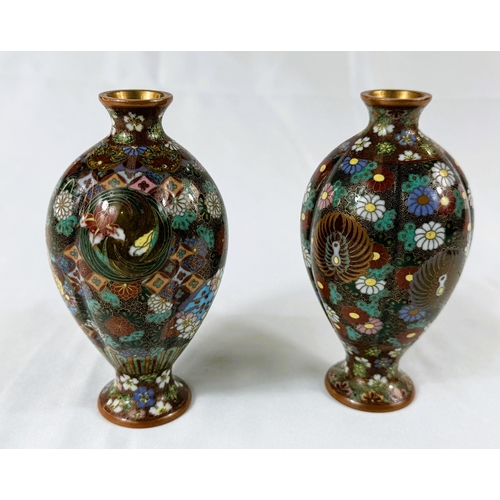 419 - A pair of Japanese Meiji period Cloisonne lobed vases with fine decoration of flowers etc. Heig... 