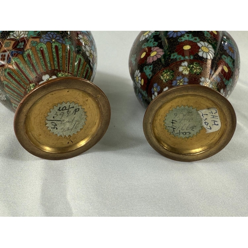 419 - A pair of Japanese Meiji period Cloisonne lobed vases with fine decoration of flowers etc. Heig... 