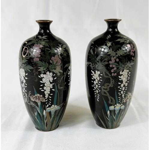 420 - A pair of Japanese Meiji period Cloisonne vases with fine wire work of flowers and trees. Heigh... 