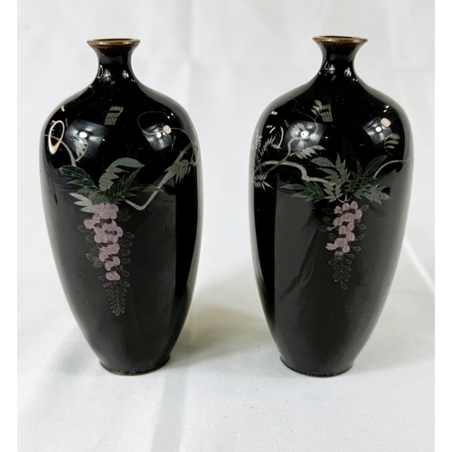 420 - A pair of Japanese Meiji period Cloisonne vases with fine wire work of flowers and trees. Heigh... 