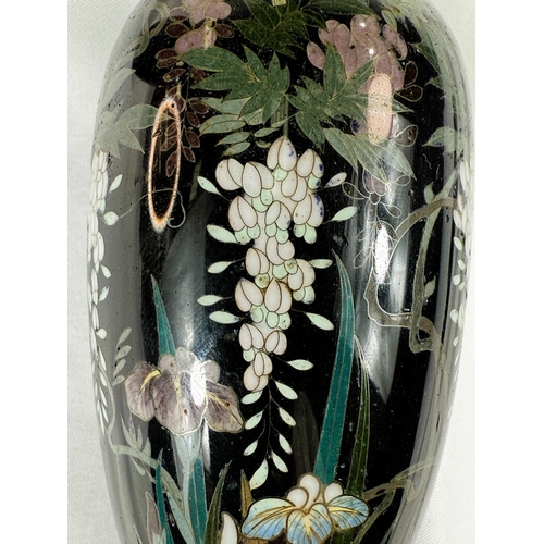 420 - A pair of Japanese Meiji period Cloisonne vases with fine wire work of flowers and trees. Heigh... 