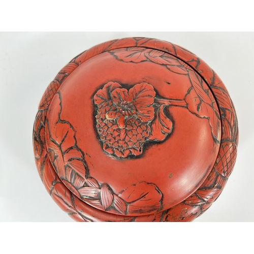 429 - A large 19th Century Chinese cinnabar lacquer covered bowl with leaves in relief, bearing Sainsbury'... 