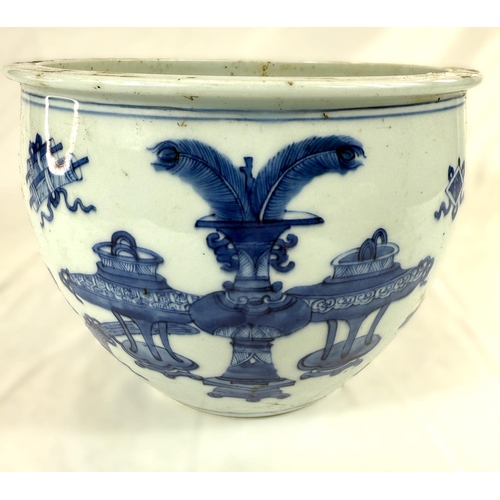 433B - A Chinese fish bowl/planter with blue and white decoration, panels of vases and trees and birds, hei... 