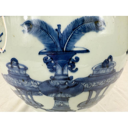 433B - A Chinese fish bowl/planter with blue and white decoration, panels of vases and trees and birds, hei... 