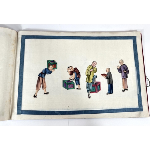 435 - A Chinese silk bound book containing 12 rice paper painted scenes, some domestic, some working scene... 