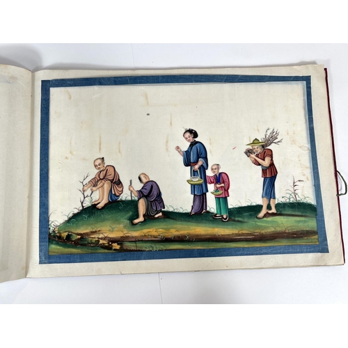 435 - A Chinese silk bound book containing 12 rice paper painted scenes, some domestic, some working scene... 