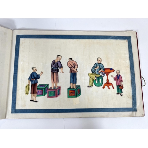 435 - A Chinese silk bound book containing 12 rice paper painted scenes, some domestic, some working scene... 