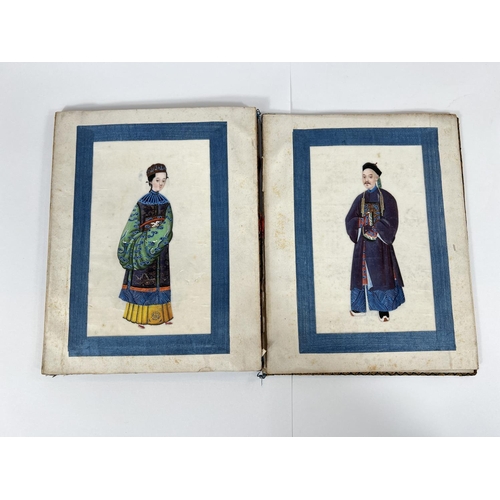 435A - A Chinese book containing 8 hand painted rice paper pictures of wealthy figures in traditional dress... 