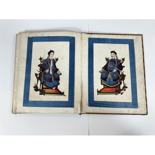 435A - A Chinese book containing 8 hand painted rice paper pictures of wealthy figures in traditional dress... 