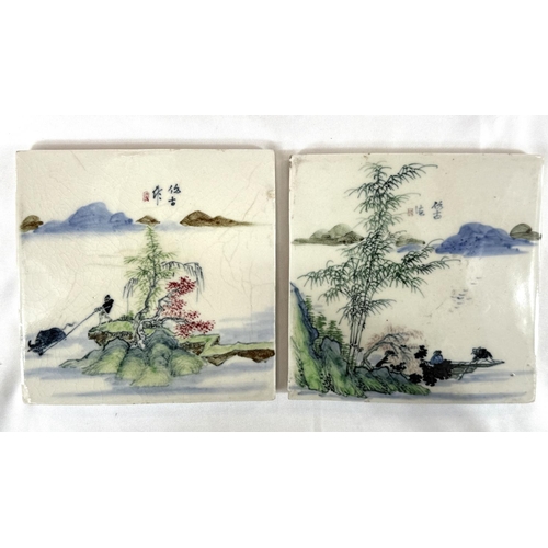 446 - A pair of early 20th Century Chinese Republic tiles from the Wu Jinhe Kiln, 12.5x12.5cm.