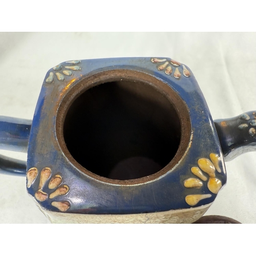 456A - A Chinese Yixing teapot with enamel decoration, seal mark impressed to base; two similar vases (a/f)... 