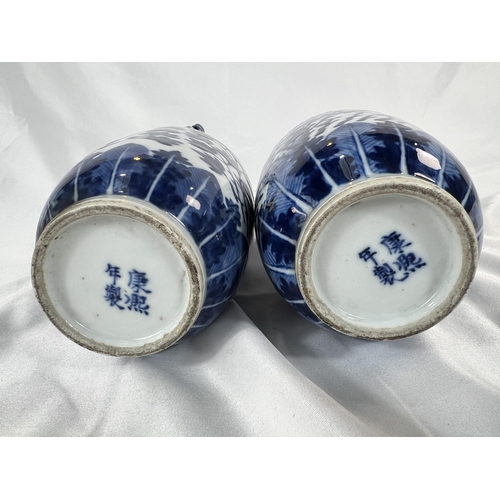 463 - A pair of Chinese 18th/19th Century lidded vases with marks for Kangxi period, blue and white with b... 