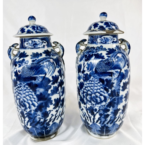 463 - A pair of Chinese 18th/19th Century lidded vases with marks for Kangxi period, blue and white with b... 