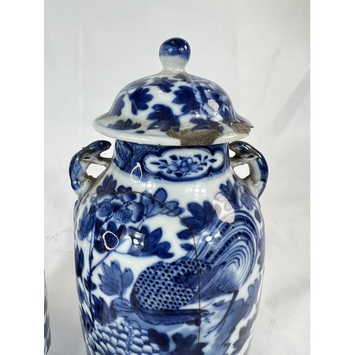 463 - A pair of Chinese 18th/19th Century lidded vases with marks for Kangxi period, blue and white with b... 