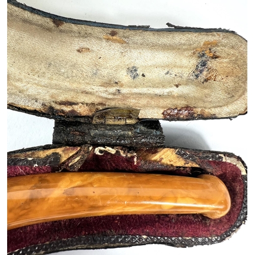 48 - A large cased amber and Meerschaum pipe with egg and claw bowl and white metal mounts, length 22cm.