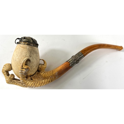 48 - A large cased amber and Meerschaum pipe with egg and claw bowl and white metal mounts, length 22cm.