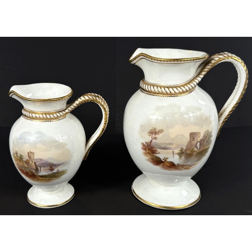 481 - Two - 19th century graduating baluster jugs decorated with polychrome landscapes, heights 16 + 30 cm... 