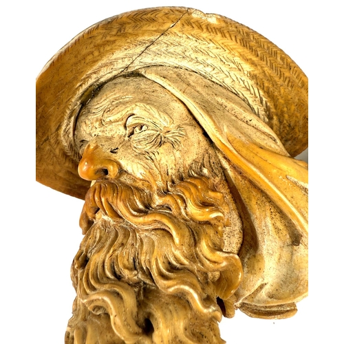 50 - A large cased amber and Meerschaum pipe depicting a bearded man's head with feathered hat (stem slig... 