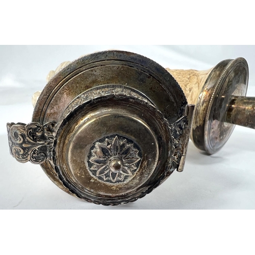 51 - A very large Meerschaum pipe bowl with silver metal mounts, decorated in relief with a huntsman and ... 