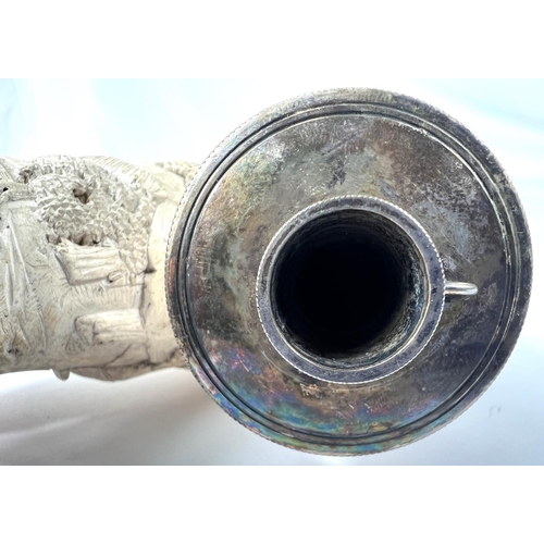 51 - A very large Meerschaum pipe bowl with silver metal mounts, decorated in relief with a huntsman and ... 