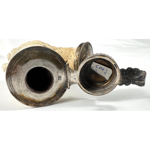 51 - A very large Meerschaum pipe bowl with silver metal mounts, decorated in relief with a huntsman and ... 