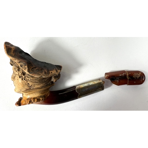 53 - 3 cased amber and Meerschaum pipes depicting a horse, a large claw and a ladies head (broken stem)