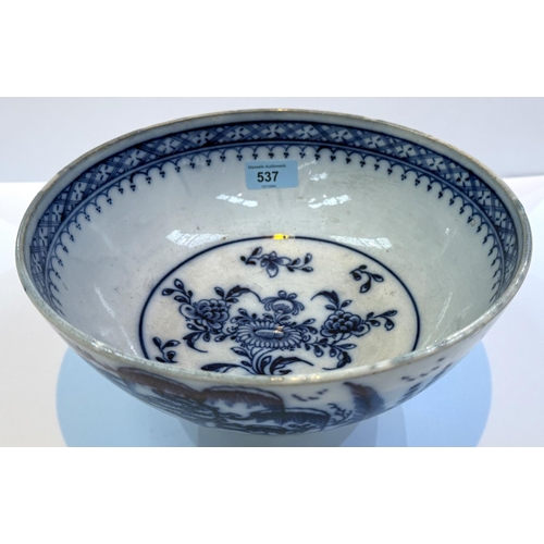 537 - LIVERPOOL PEARLWARE, an 18th century punch bowl with typical underglaze blue decoration, 26cm dia.