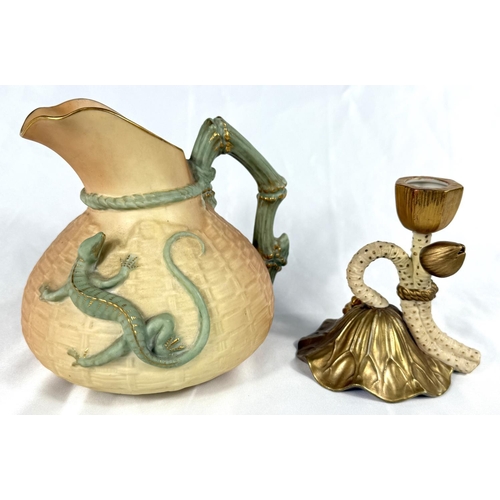 553 - Royal Worcester: a peach ground jug with textured basketry finish and applied lizard Rd No 226402, 1... 