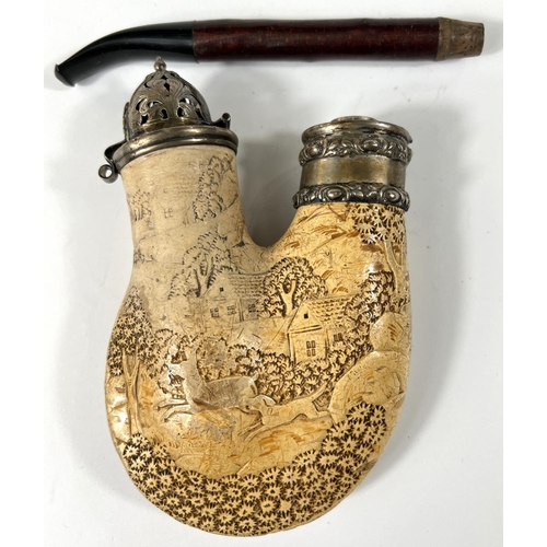 58 - A large Meerschaum pipe with silver lid and collar, cherrywood stem with extensive relief decoration... 