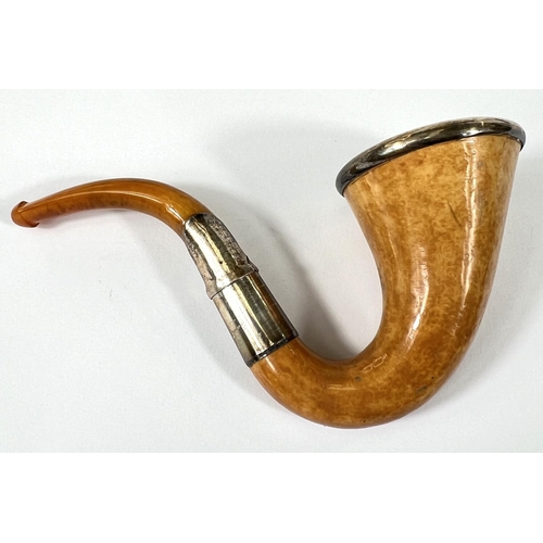 59 - 3 plain cased amber and Meerschaum pipes, each with white metal mounts.