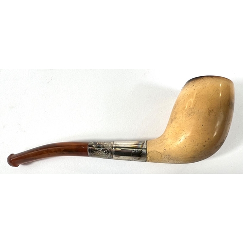 61 - 3 cased amber and Meerschaum pipes, including drop chin bowl (no mouth piece); elongated pipe (mouth... 