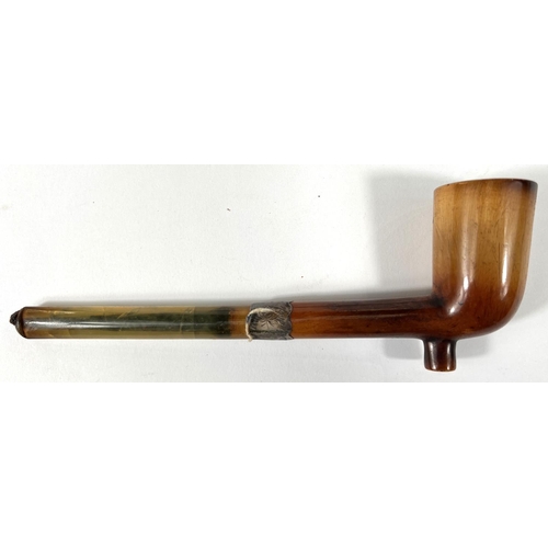 61 - 3 cased amber and Meerschaum pipes, including drop chin bowl (no mouth piece); elongated pipe (mouth... 