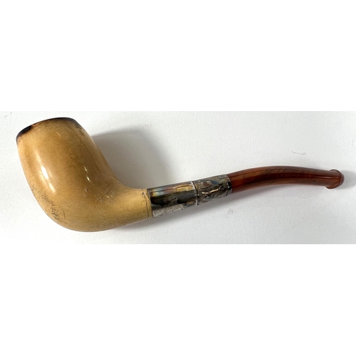 61 - 3 cased amber and Meerschaum pipes, including drop chin bowl (no mouth piece); elongated pipe (mouth... 