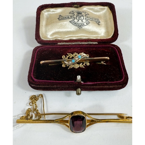 701 - A 9ct hallmarked gold bar brooch set with seed pearls and turquoise; a yellow metal brooch set with ... 