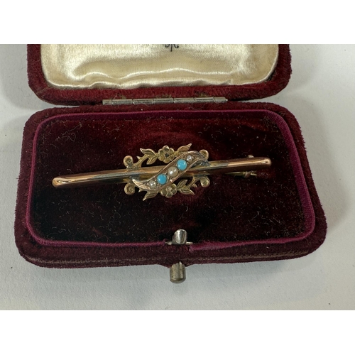 701 - A 9ct hallmarked gold bar brooch set with seed pearls and turquoise; a yellow metal brooch set with ... 