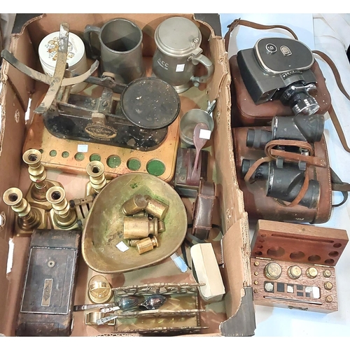 96 - A set of scales and weights, brass candlesticks and letter rack, etc.