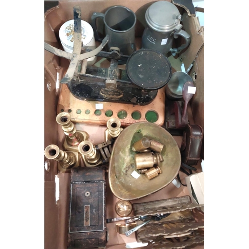 96 - A set of scales and weights, brass candlesticks and letter rack, etc.