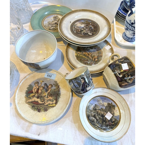 532 - A selection of 19th century pottery, including bowls, cups and dishes, with Pratt ware printed decor... 