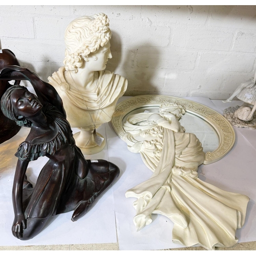 565 - A modern cast figure, classical bust, 32cm, an art nouveau style mirror, 60cm, three other figures