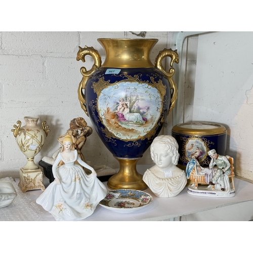 567 - A 1920's continental ceramic Vienna-style urn on stand, 56cm, various other ceramics