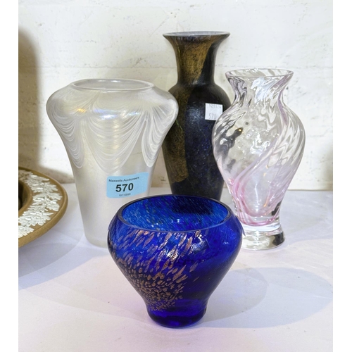 570 - A Sanders and Wallace hand blown spiderweb lustre vase, other studio glass, Caithness vase, a gilt a... 