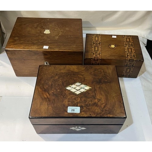 28 - Three 19th Century walnut jewellery boxes with inlaid decoration and fitted interiors.