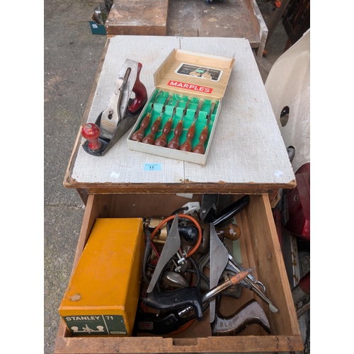 11 - A vintage tool chest with wrenches, planes, clamps etc.