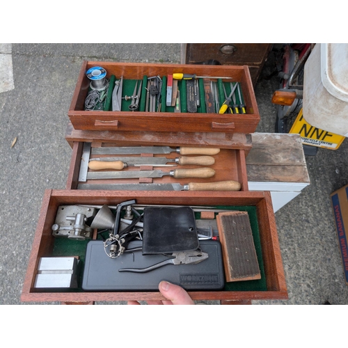 9 - A teak tool cabinet and a collection of small files and smaller tools; a larger tool cabinet and too... 